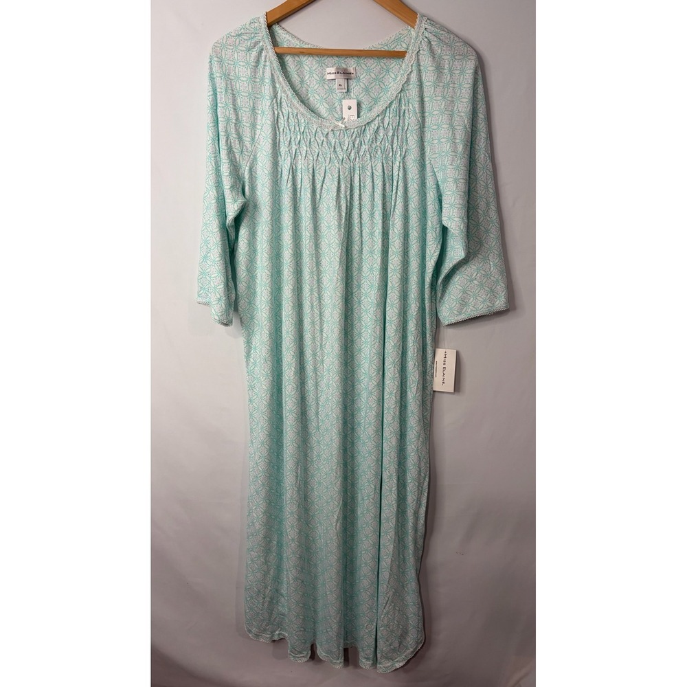 NEW Miss Elaine Aqua Smocked Long Nightgown XL 3/4 Sleeve Lace Trim Sleepwear